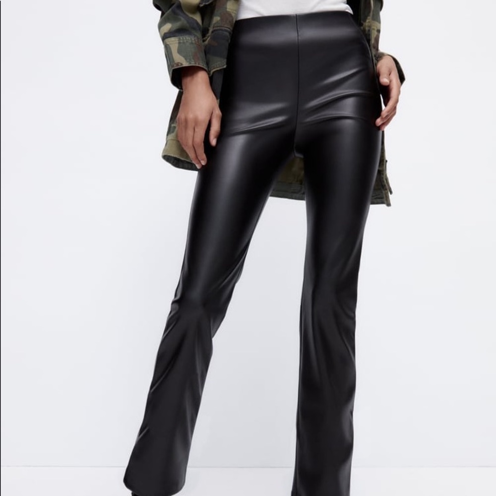Women’s Zara Faux Leather Flare Pant Leggings | Side Zipper Detail and Pockets